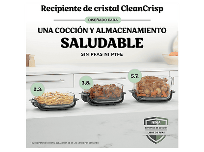 NINJA CRISPi PRO — Freidora de aire, 2050 W, 2 Recipientes de Vídrio: 5..7L y 2.3L, Verde, 5.7 l
