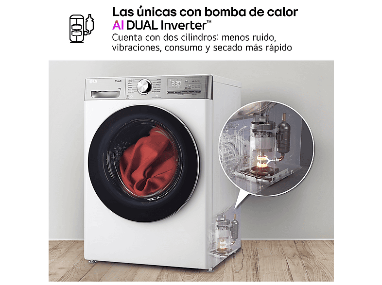 LG RH10V9AV2WR — Secadora bomba de calor, 10 kg, 14 programas, Blanco, Display LED