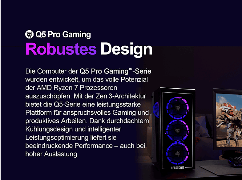 BEASTCOM Q5 Pro Gaming — PC Gaming, 16 GB RAM, 1 TB SSD, Negro, AMD Ryzen™ 7 5700X