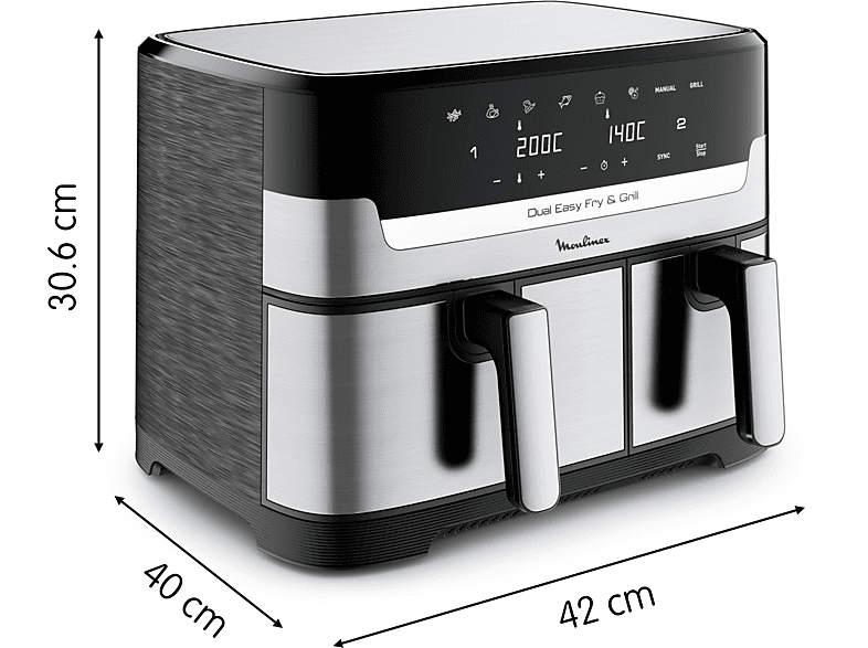 MOULINEX Dual Fry & Grill EZ905D — Freidora de aire, 2700 W, 8.3 L, Táctil, Inox