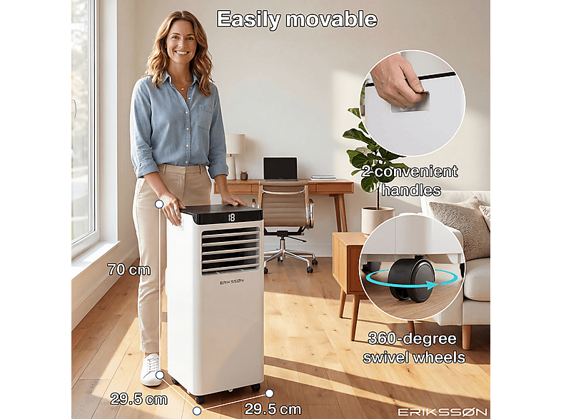 ERIKSSØN Silent Comfort Series Mobile Air conditioner blanco — Aire acondicionado portátil, 30 m², 10000 fg/h, 61 dB(A)