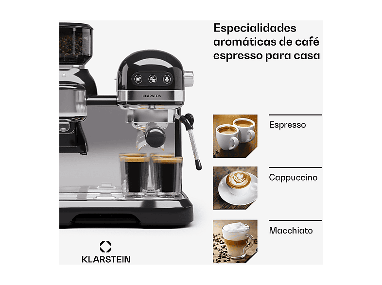 KLARSTEIN Bella Café Espresso — Cafetera espresso, 1550 W, Negro, 20 bar