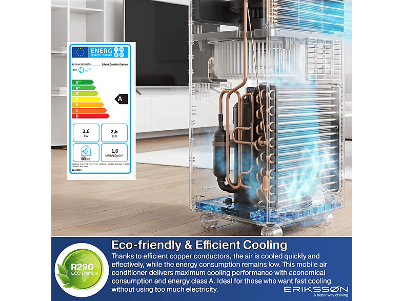 ERIKSSØN Silent Comfort Series Mobile Air conditioner Negro — Aire acondicionado portátil, 30 m², 10000 fg/h, 61 dB(A)