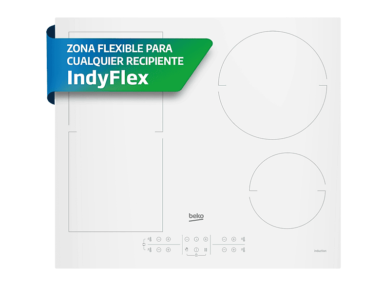 BEKO — Placa de inducción, Blanco, Placa inducción- Beko HII64200FMTW, 4 zonas + 1 FlexiZone, IndyFlex