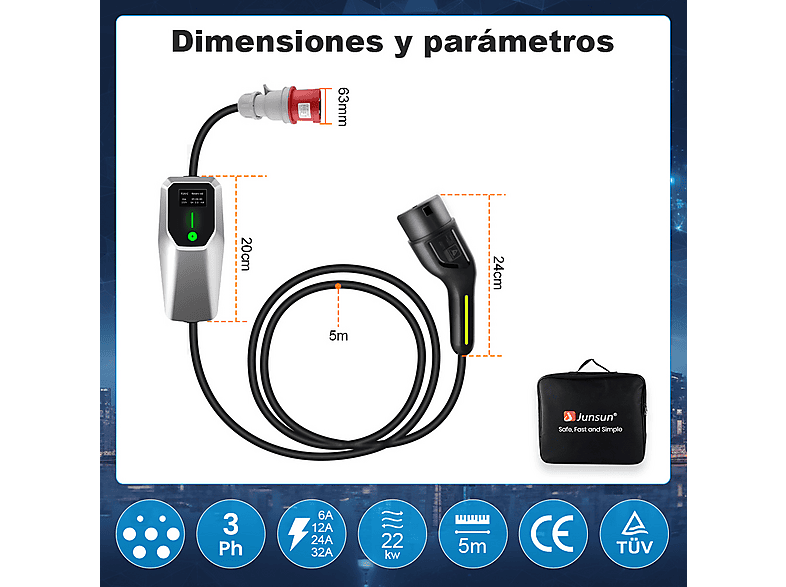 SMORGR 22 kW [3-Fases — Cargador vehículo eléctrico, Black, 5 m, 6-32A]