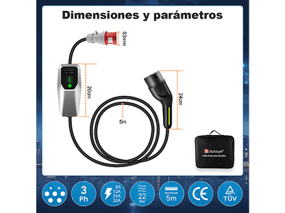 SMORGR 22 kW [3-Fases — Cargador vehículo eléctrico, Black, 5 m, 6-32A]