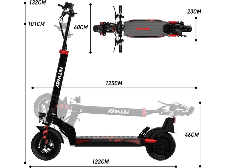 HITWAY H9 — Patinete eléctrico, Pot. máx. 150 W, Carga máx. 50 kg, 2600 mAh, Rojo