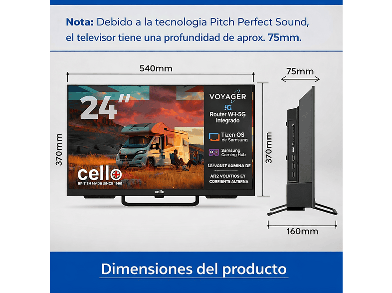 CELLO C24TZR-VOY — TV LED 24", Negro, HD-ready, Smart TV, DVB-T2 (H.265)