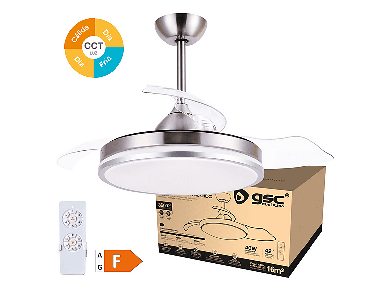 GSC 300005024 — Ventilador de Techo, 40 W, 6 velocidades, Níquel, Aspas retráctiles