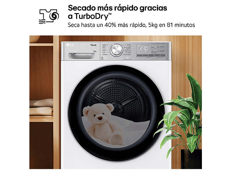 LG RH10V9AV2WR — Secadora bomba de calor, 10 kg, 14 programas, Blanco, Display LED