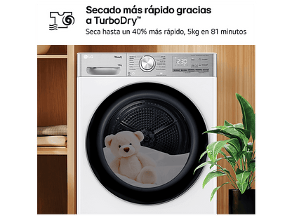 LG RH10V9AV2WR — Secadora bomba de calor, 10 kg, 14 programas, Blanco, Display LED