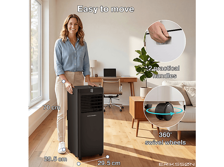 ERIKSSØN Silent Comfort Series Mobile Air conditioner Negro — Aire acondicionado portátil, 30 m², 10000 fg/h, 61 dB(A)