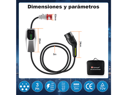 SMORGR 22KW Tipo 2 Ajustable 6A-32A 5 metros — Cargadores vehículos eléctricos, Black