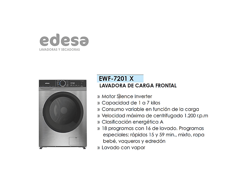 EDESA EWF-7201 X — Lavadora carga frontal, 7 kg, 15 programas, Inox