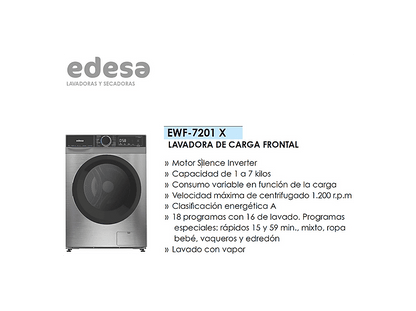 EDESA EWF-7201 X — Lavadora carga frontal, 7 kg, 15 programas, Inox