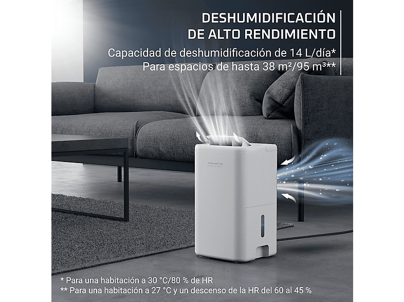 ROWENTA Extreme Dry Compact DH5250 — Deshumidificador, 14L/día, Superficie 40m², Silencioso, Blanco