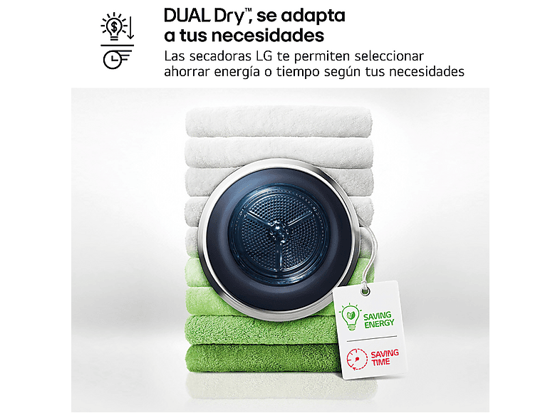 LG RH10V9AV2WR — Secadora bomba de calor, 10 kg, 14 programas, Blanco, Display LED