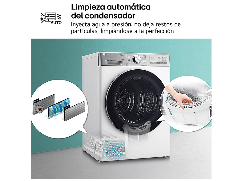 LG RH10V9AV2WR — Secadora bomba de calor, 10 kg, 14 programas, Blanco, Display LED