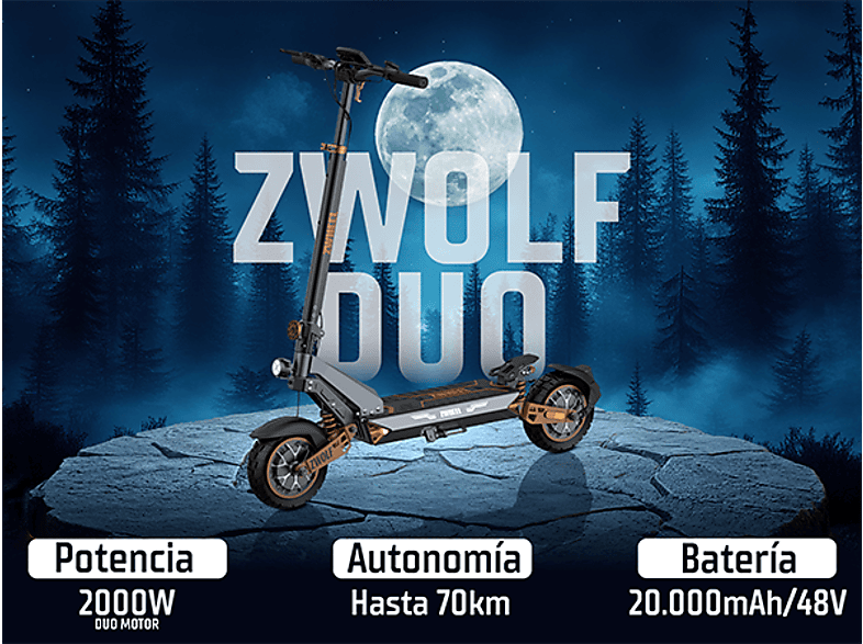 ZWHEEL ZWolf Duo — Patinete eléctrico, Pot. máx. 2000 W, Carga máx. 120 kg, 20000 mAh, 70 km autonomía