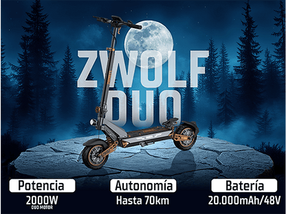 ZWHEEL ZWolf Duo — Patinete eléctrico, Pot. máx. 2000 W, Carga máx. 120 kg, 20000 mAh, 70 km autonomía
