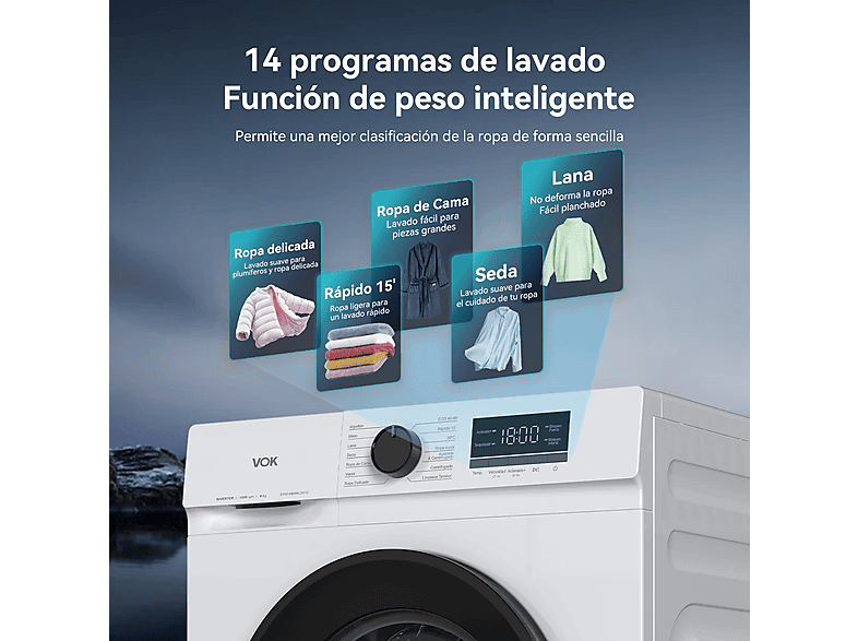 VOK EVW-8BAWL2412 — Lavadora carga frontal, 8 kg, 14 programas, Blanco, Motor Inverter