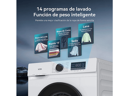 VOK EVW-8BAWL2412 — Lavadora carga frontal, 8 kg, 14 programas, Blanco, Motor Inverter