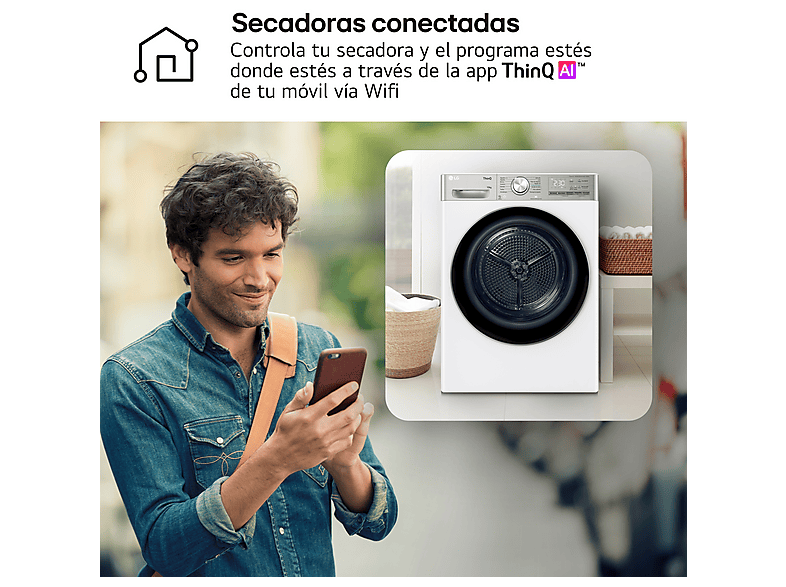 LG RH10V9AV2WR — Secadora bomba de calor, 10 kg, 14 programas, Blanco, Display LED