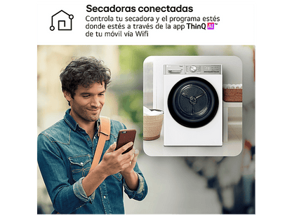 LG RH10V9AV2WR — Secadora bomba de calor, 10 kg, 14 programas, Blanco, Display LED