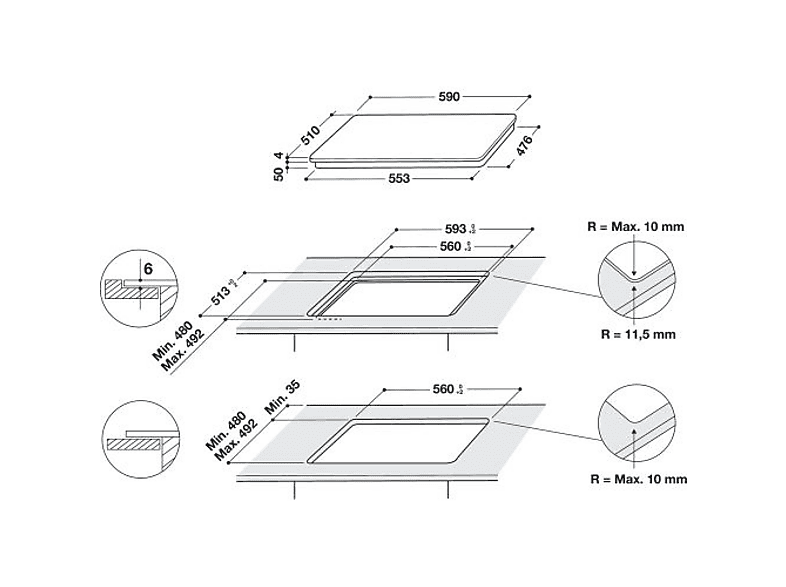 WHIRLPOOL WB Q4860 NE — Placa inducción, Zona grande 30 cm, 59 cm, Negro, 3 zonas