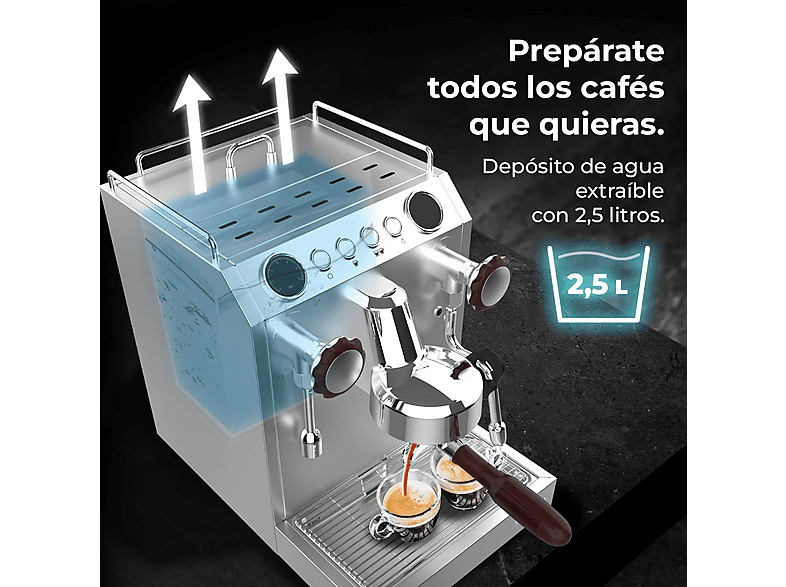 CECOTEC Baristeo Classic — Cafetera express, 2700 W, Preinfusión, Portafiltro 58 mm, Plata