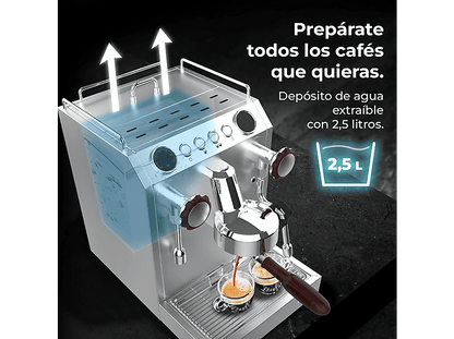 CECOTEC Baristeo Classic — Cafetera express, 2700 W, Preinfusión, Portafiltro 58 mm, Plata
